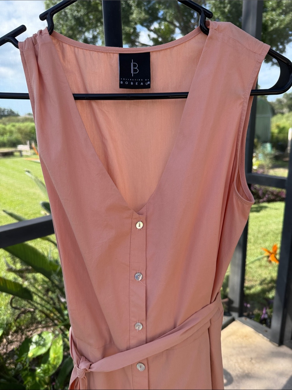 bobeau Peach Button-Front Tie-Waist Sleeveless Midi Dress